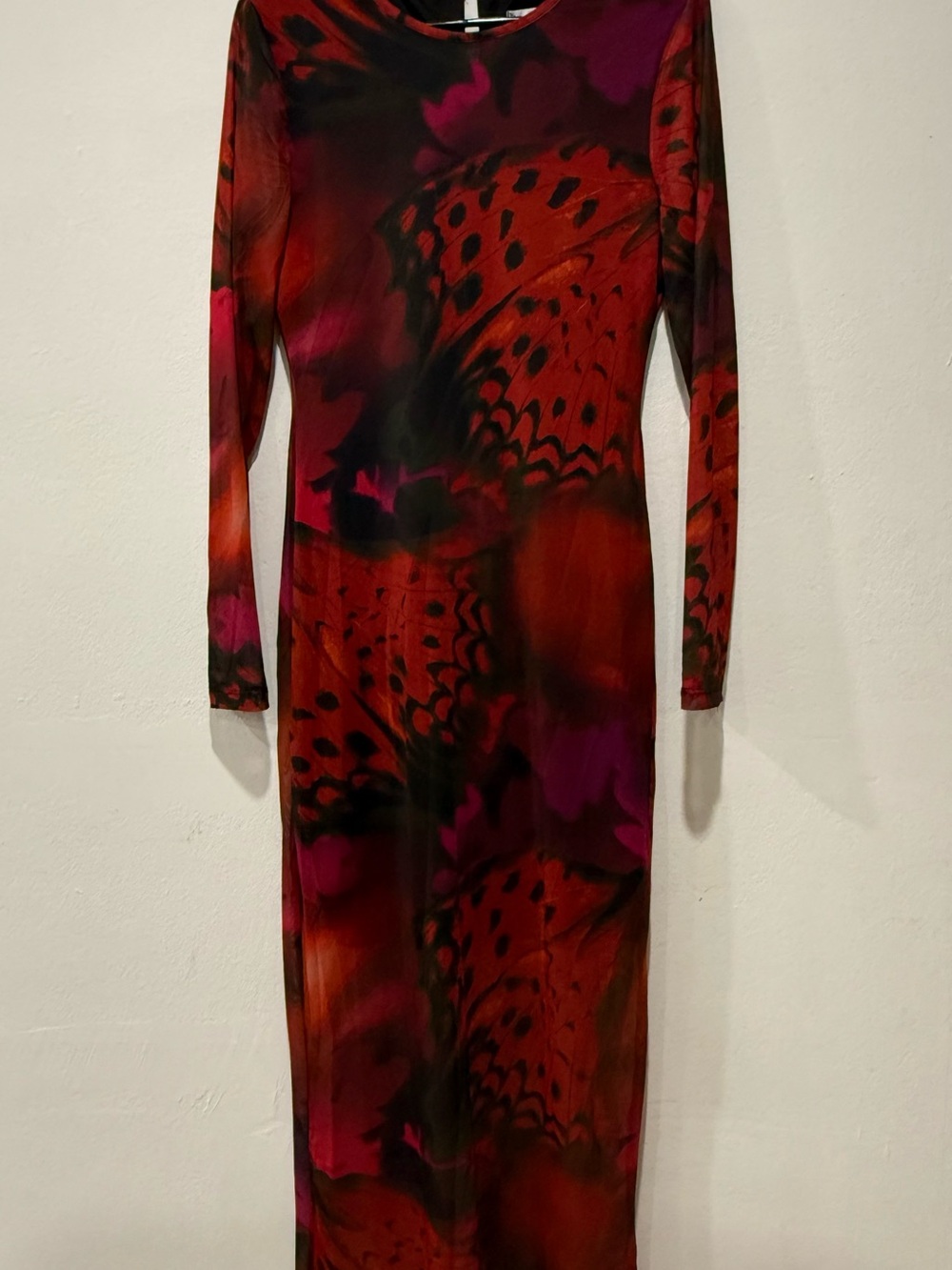 Premier Amour Size 12 Red Black Butterfly Print Long Sleeve Mesh Dress